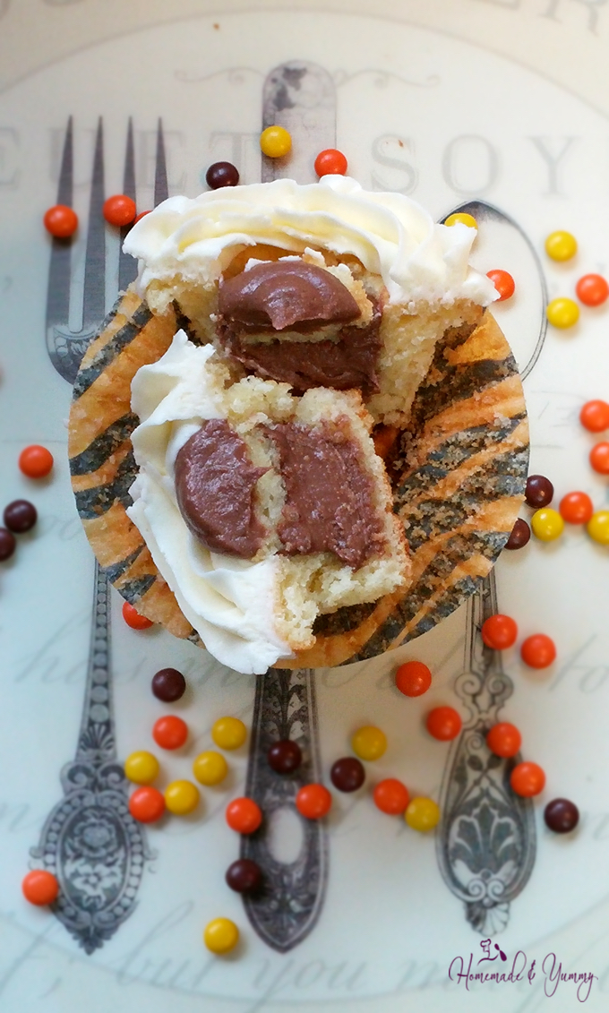 Overhead shot of cupcake with Reeses pieces scattered around.
