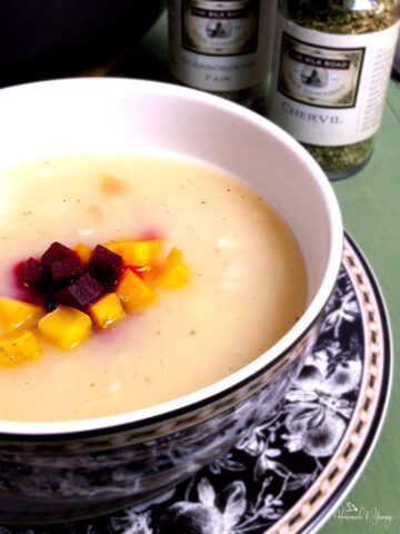 Potato & Leek Soup with Roasted Beets| from: Homemade & Yummy| The classic potato and leek combination with the added sweetness of roasted beets. Earthy, savoury and oh so pretty to look at.