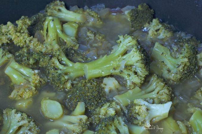 Broccoli and both in a pot, ready to blend into soup.