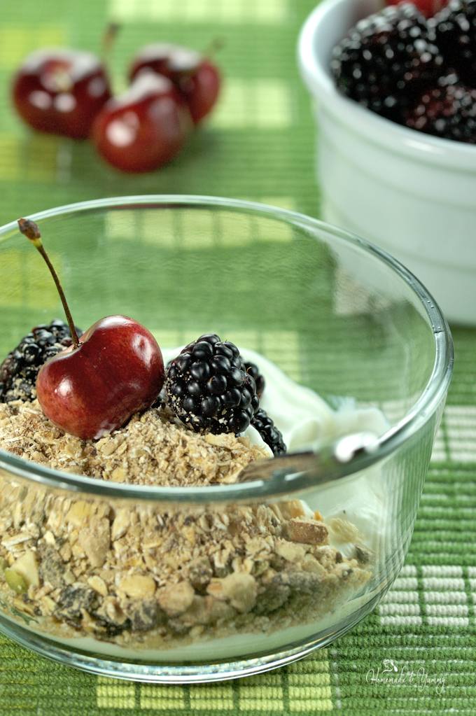 Close up of granola in a bowl, yogurt, blackberries and a fresh cherry.