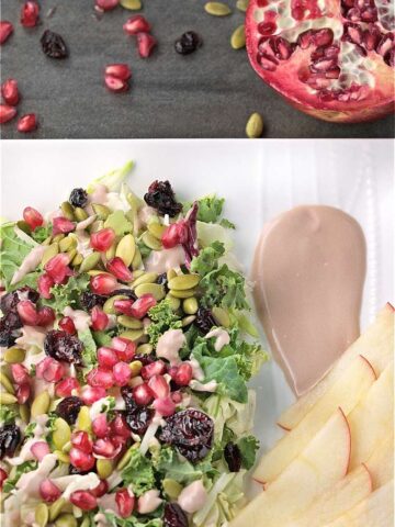 Harvest Salad with Pomegranate Creamy Yogurt Dressing combines the colours and flavours of fall. Perfect starter for holiday meals, or add some turkey and make a complete meal.|homemadeandyummy.com