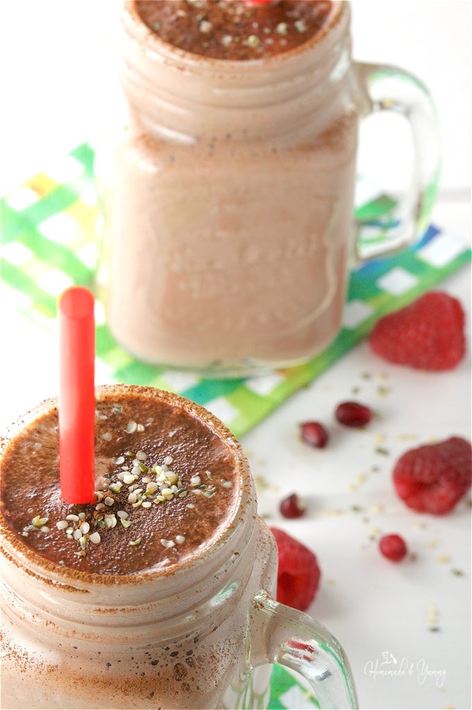 Delicious chocolate berry smoothie with hemp seeds.