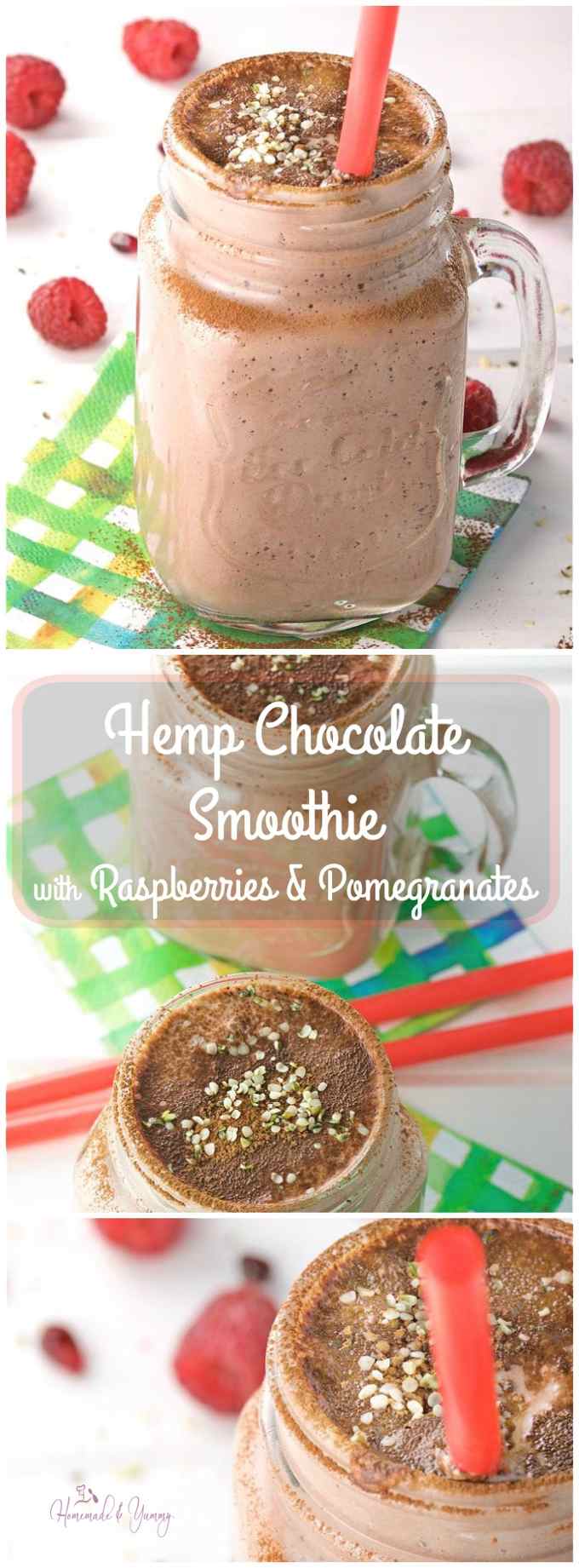 Hemp Chocolate Smoothie with Raspberries & Pomegranates long pin image.
