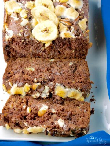 Decadent Rocky Road Chocolate Banana Bread is the perfect match with your afternoon latte. Humble banana bread kicked up a notch (or two). Moist, sweet and totally delicious. | homemadeandyummy.com