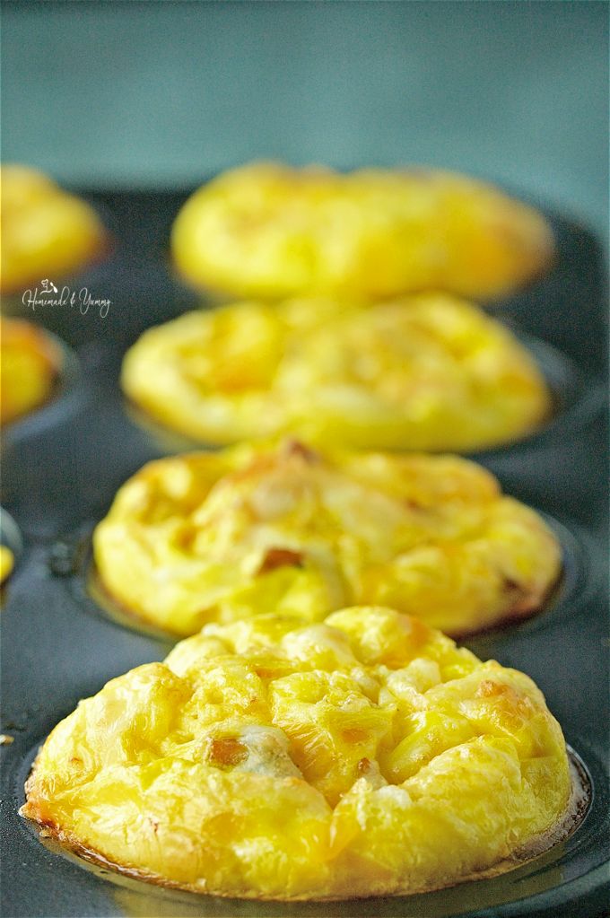 Close up shot of the baked egg muffins right out of the oven.