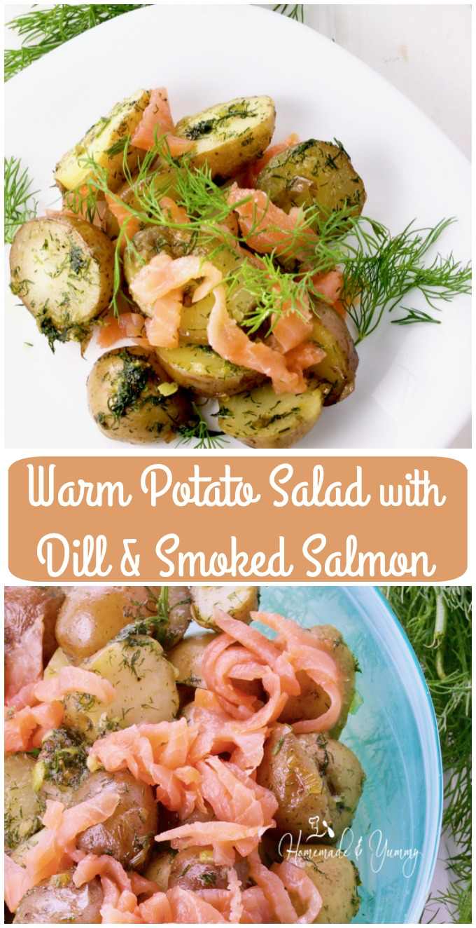 Warm Potato Salad with Dill & Smoked Salmon long pin image.