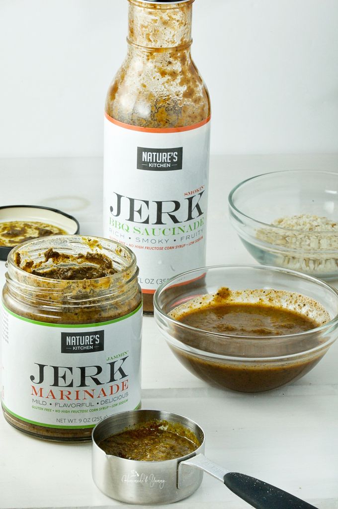 Product images of Nature's Kitchen, jerk seasoning and jerk marinade.