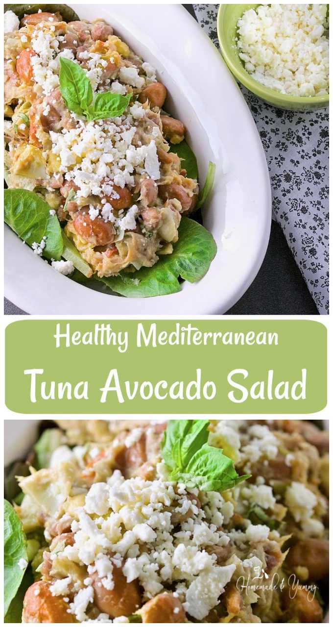  Healthy Mediterranean Tuna Avocado Salad long pin image.