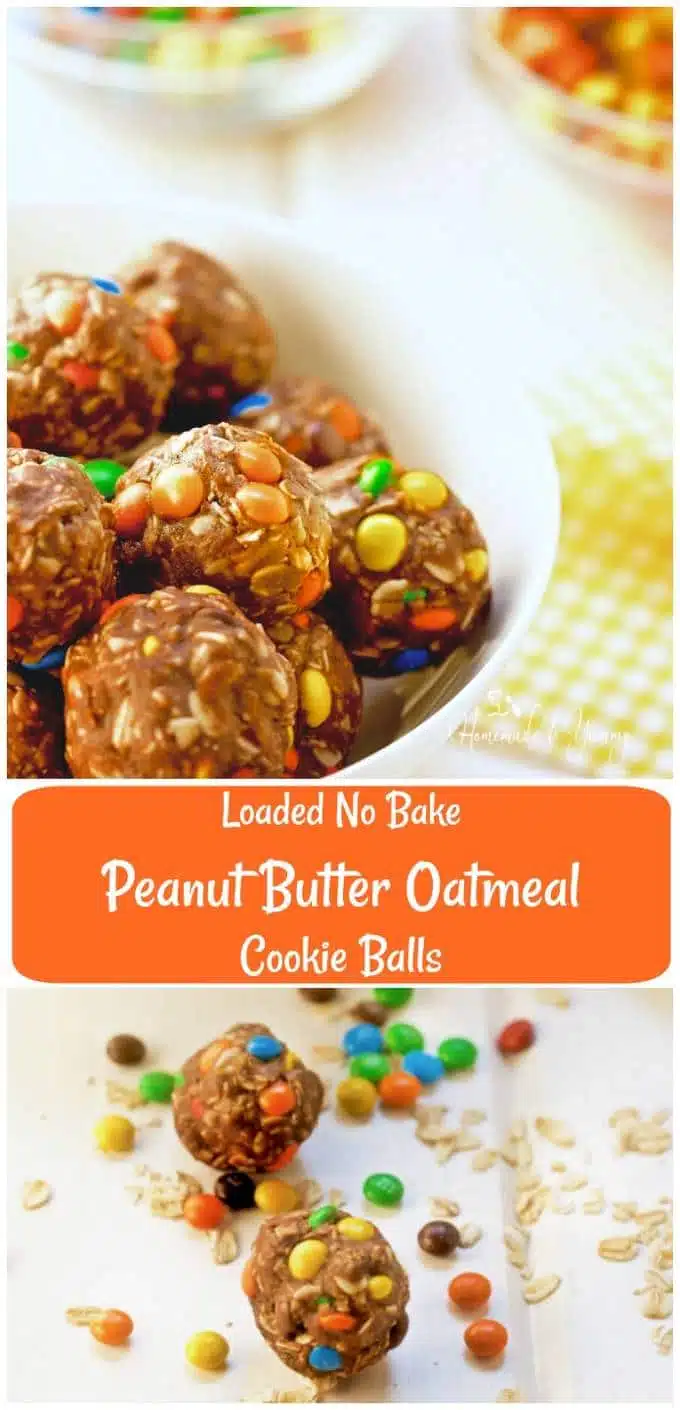 Loaded No Bake Peanut Butter Oatmeal Cookie Balls long pin image.