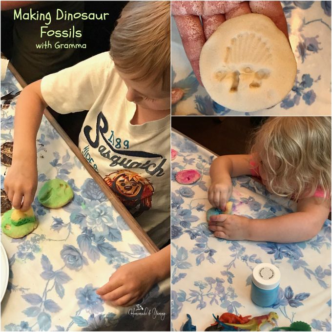Collage of little children making dinosaur fossils.