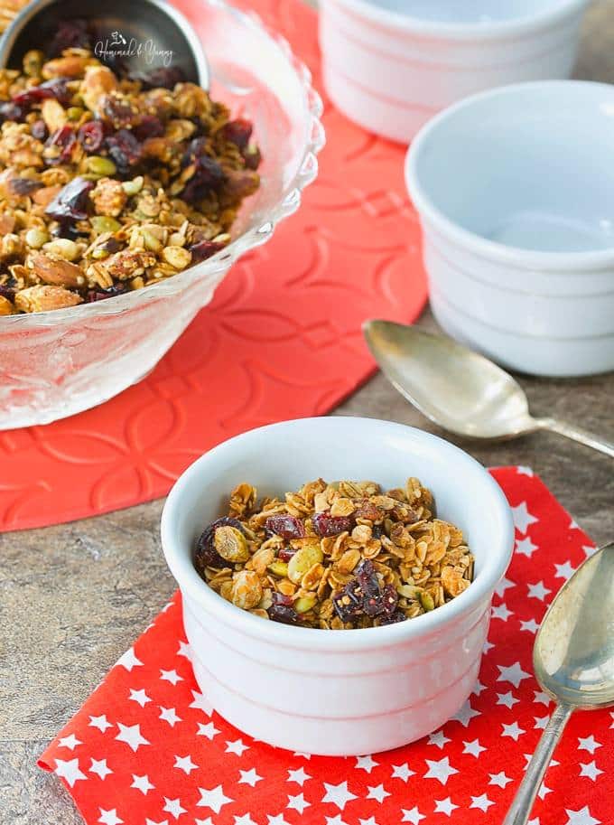 A serving bowl of Christmas granola ready to eat.