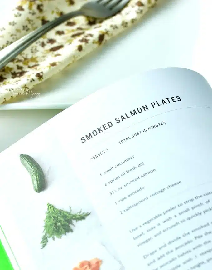 Picture of cookbook page with smoked salmon recipe ingredients.