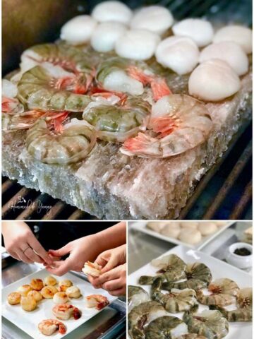 A collage of pictures showing shrimp and scallops on a salt stone on the grill.