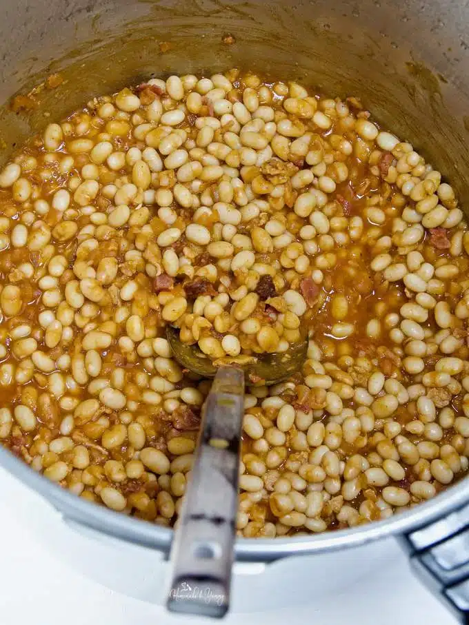 A pot of pressure cooked baked beans.