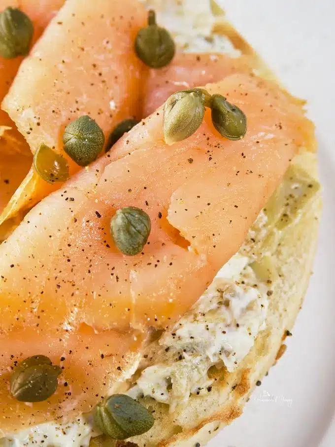 Deli-style smoked salmon with cream cheese bagel.