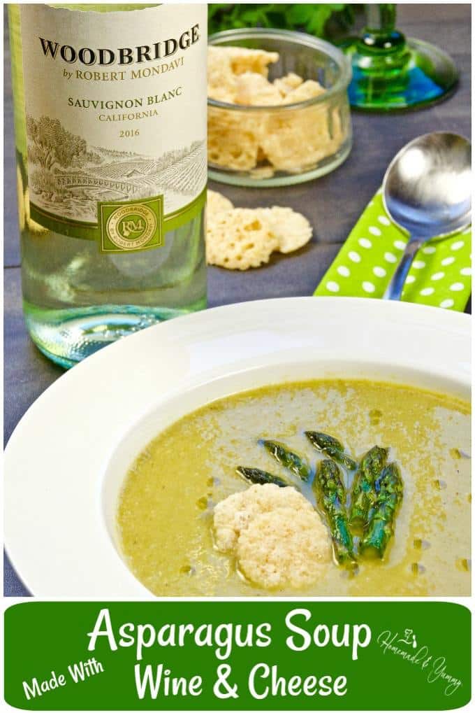 Asparagus Soup Recipe with Wine & Cheese pin image.