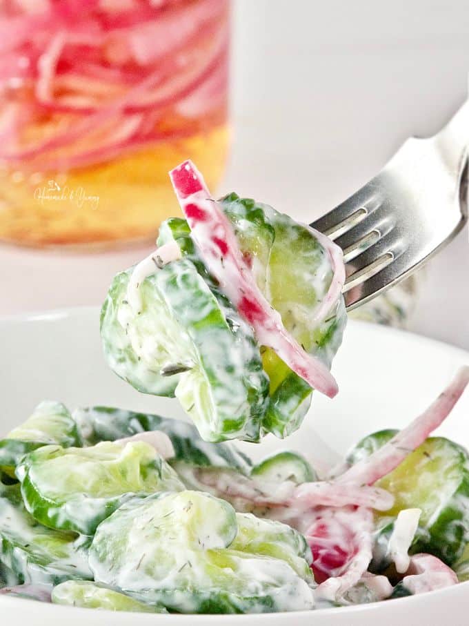 A fork full of cucumber salad.