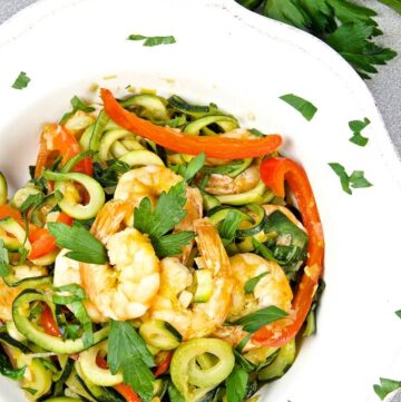 Overhead shot of Healthy Zucchini Noodle and Shrimp in a bowl.