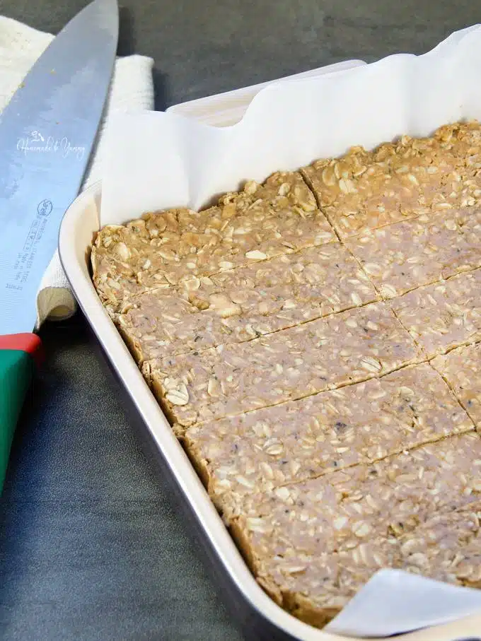 Homemade Granola Bars all cut and ready to eat.