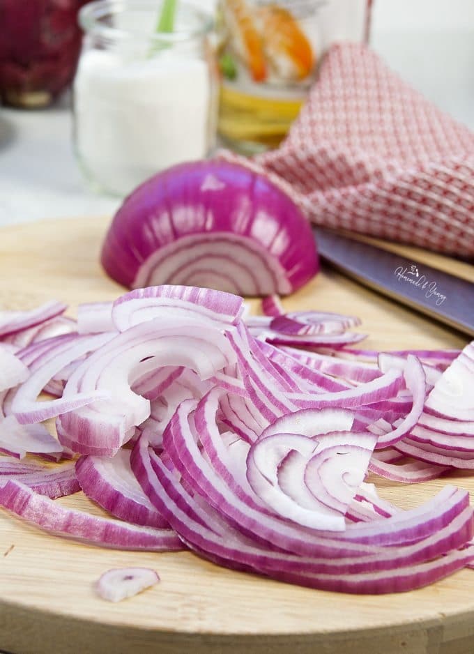 Sliced red onions ready to pickle.