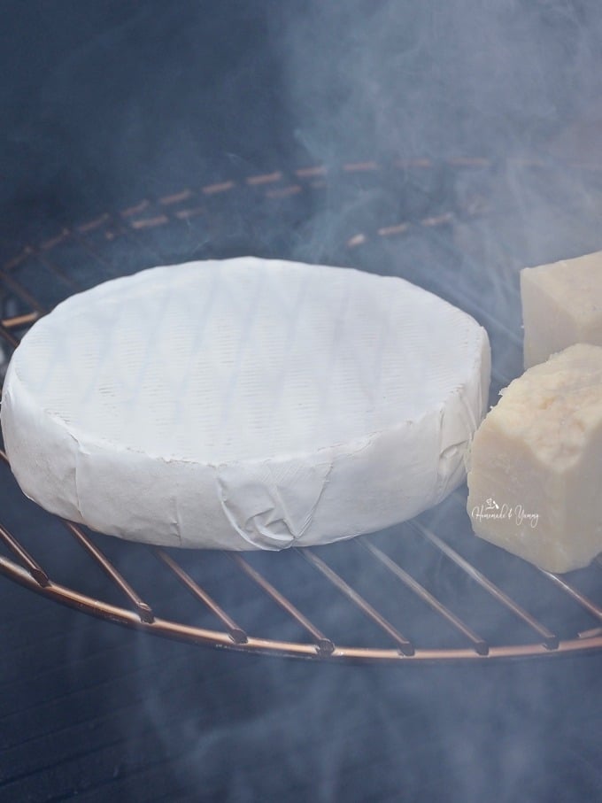 Close of how the cheese looks on the grill as it gets cold smoked.