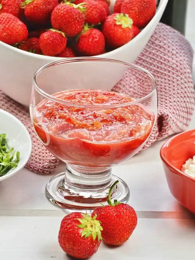 Strawberry Bruschetta mixture in a glass ready to use.