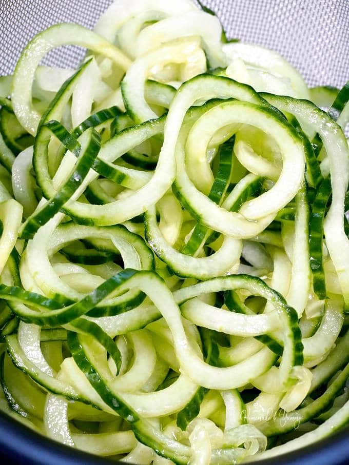 Cucumber noodles ready to go into the smoked salmon salad.