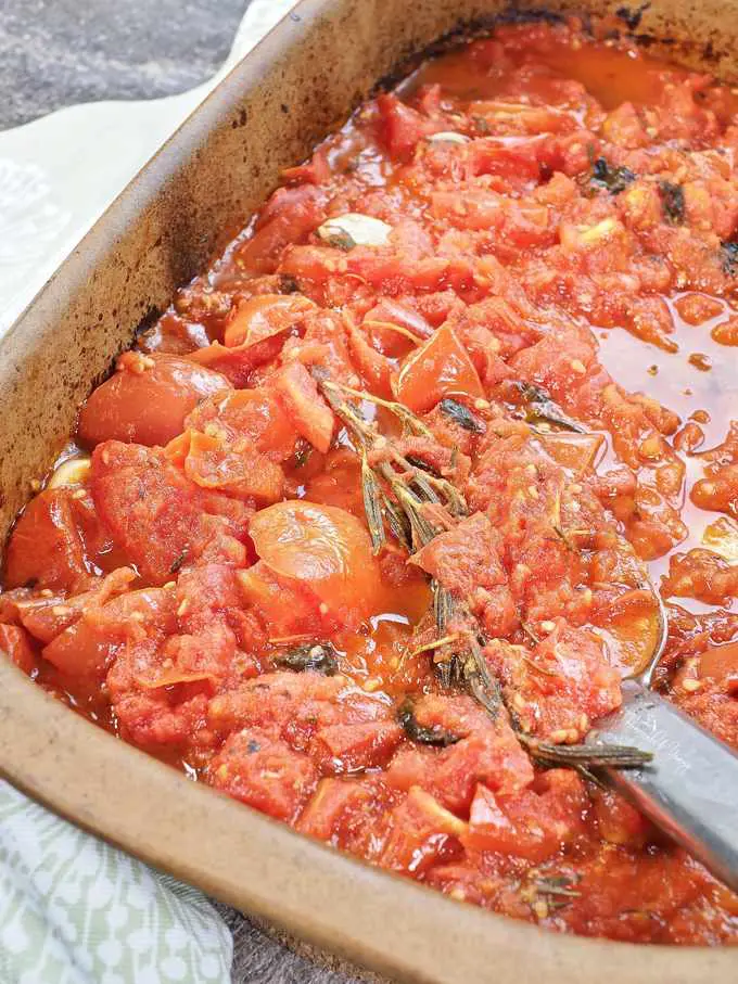 A pan of roasted tomatoes right out of the oven.