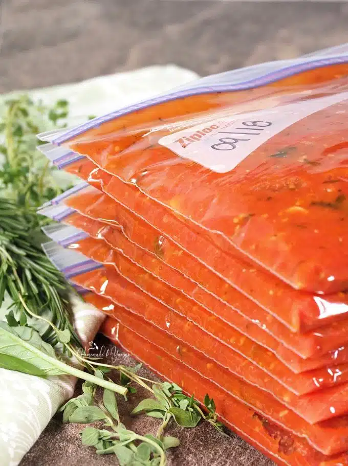 Roasted tomatoes in freezer bags.