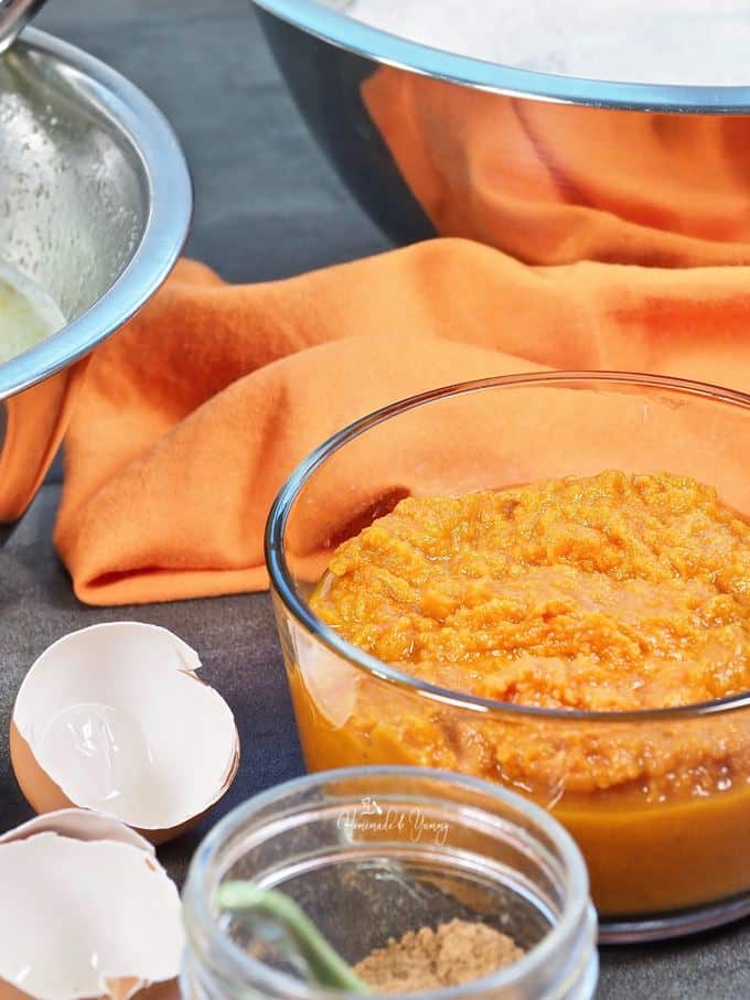 Pumpkin puree and pumpkin spice, and other recipe ingredients.