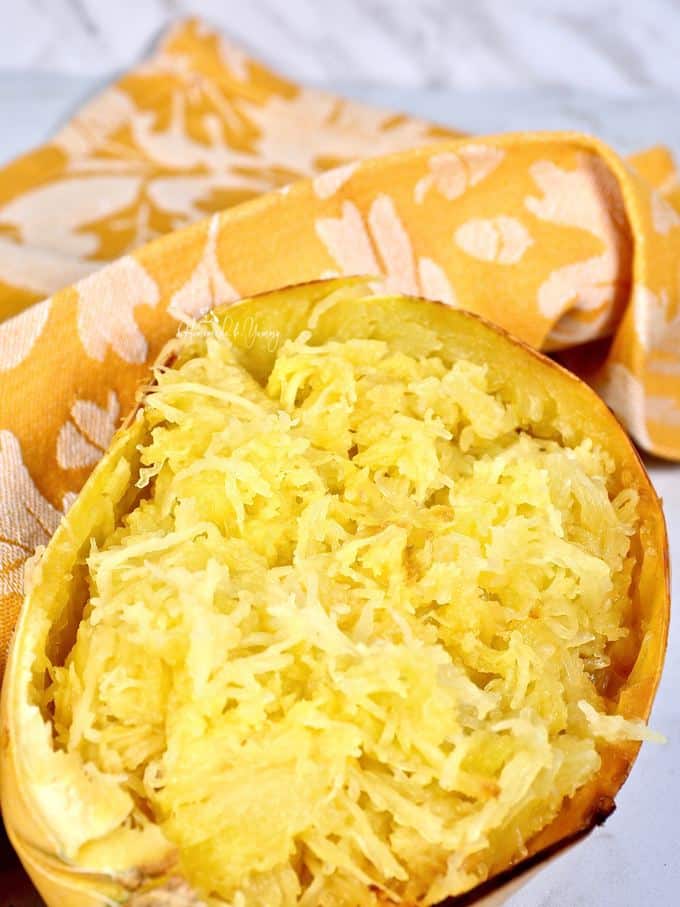 Spaghetti squash cooked ready to be topped with the Puy lentil pasta sauce