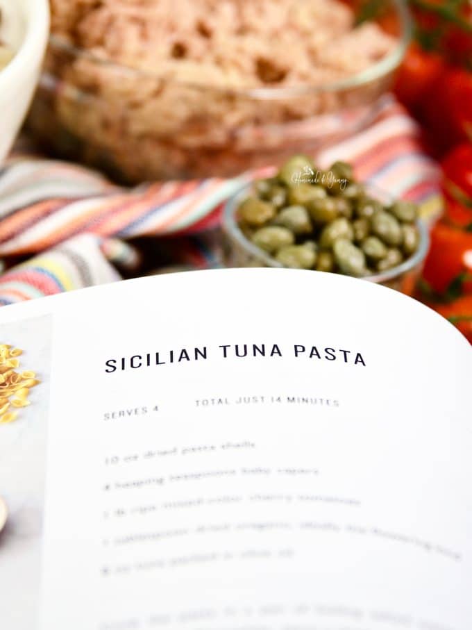 Close up of the cookbook recipe page for the Tuna Pasta recipe.