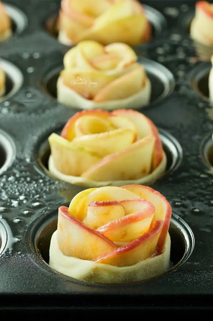 A pan of apple roses ready to put in the oven.