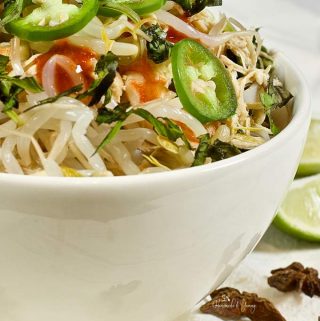 Close up of a bowl of slow cooker pho soup.