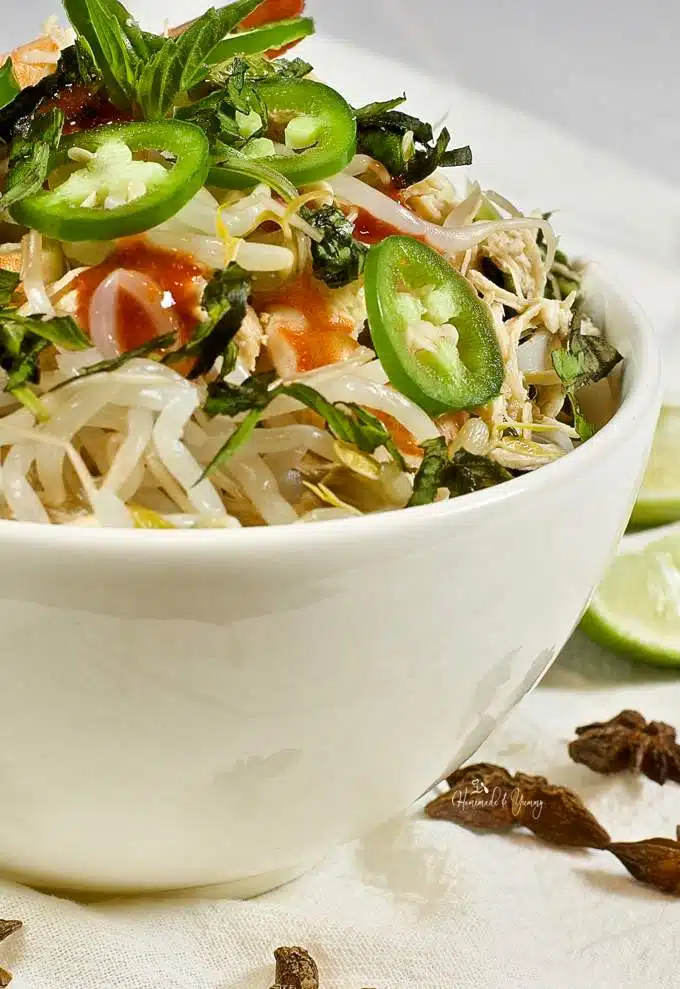 Close up of a bowl of slow cooker pho soup.