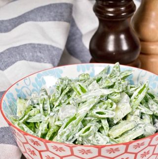 Fresh Snap Pea Salad in a serving bowl.