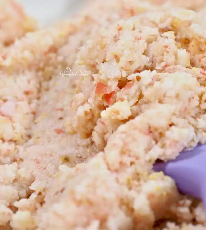 Close up of the fish cake mixture before it is made into patties.