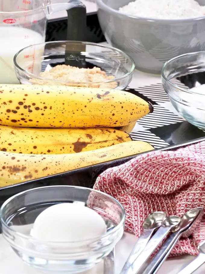 All the ingredients to make banana cake.