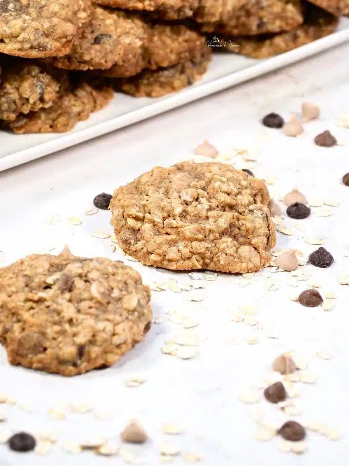 Fresh baked chewy oatmeal chocolate chip cookies.