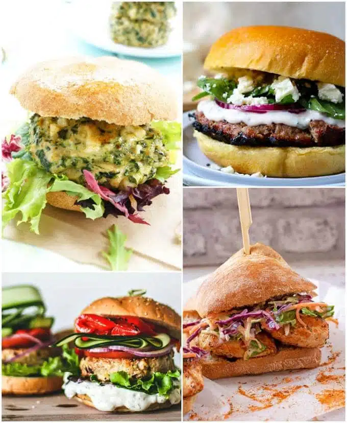 Chicken and turkey burgers collage for recipe roundup.