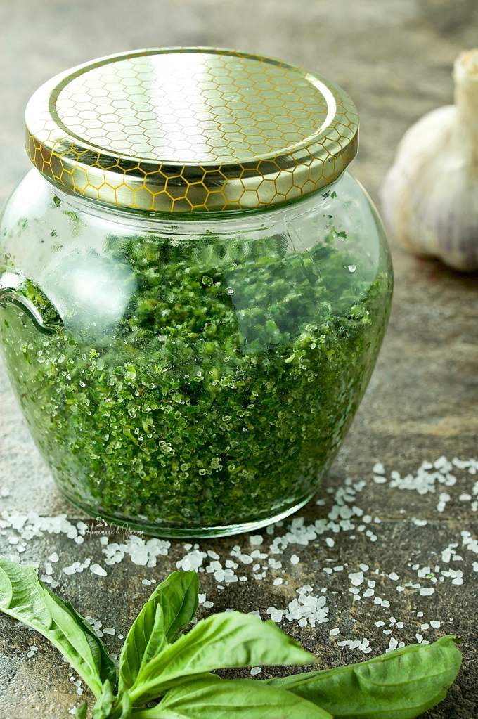 Freshly made herb salt in a jar.