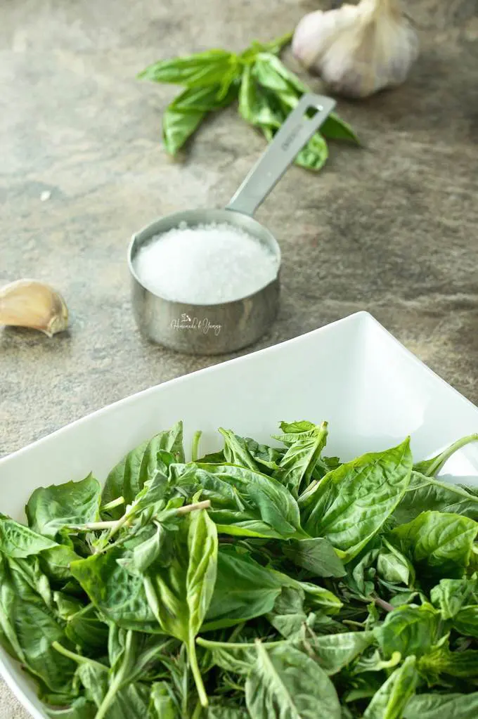 A bowl of fresh basil and some sea salt in a measuring cup.