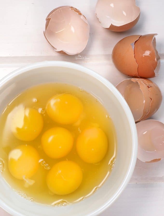 Eggs cracked in a bowl.