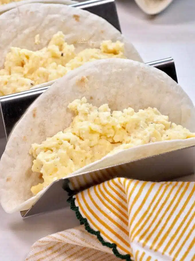 Taco shells filled with the scrambled egg filling.