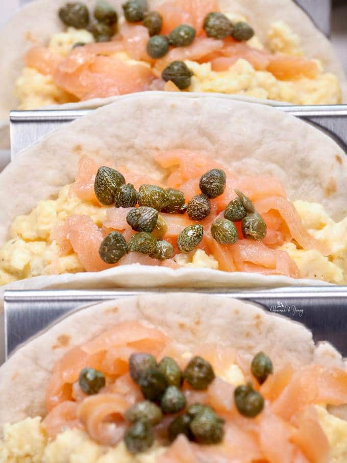 Egg Tacos topped with smoked salmon and capers.