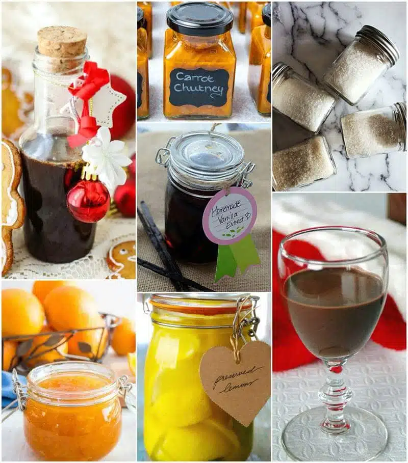 A collage of preserves and flavours for holiday gift ideas.