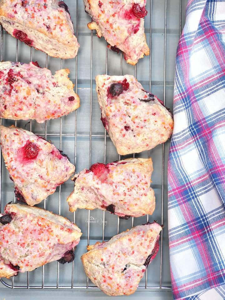 Overhead shot of Mixed Berry Scones on a cooling rack