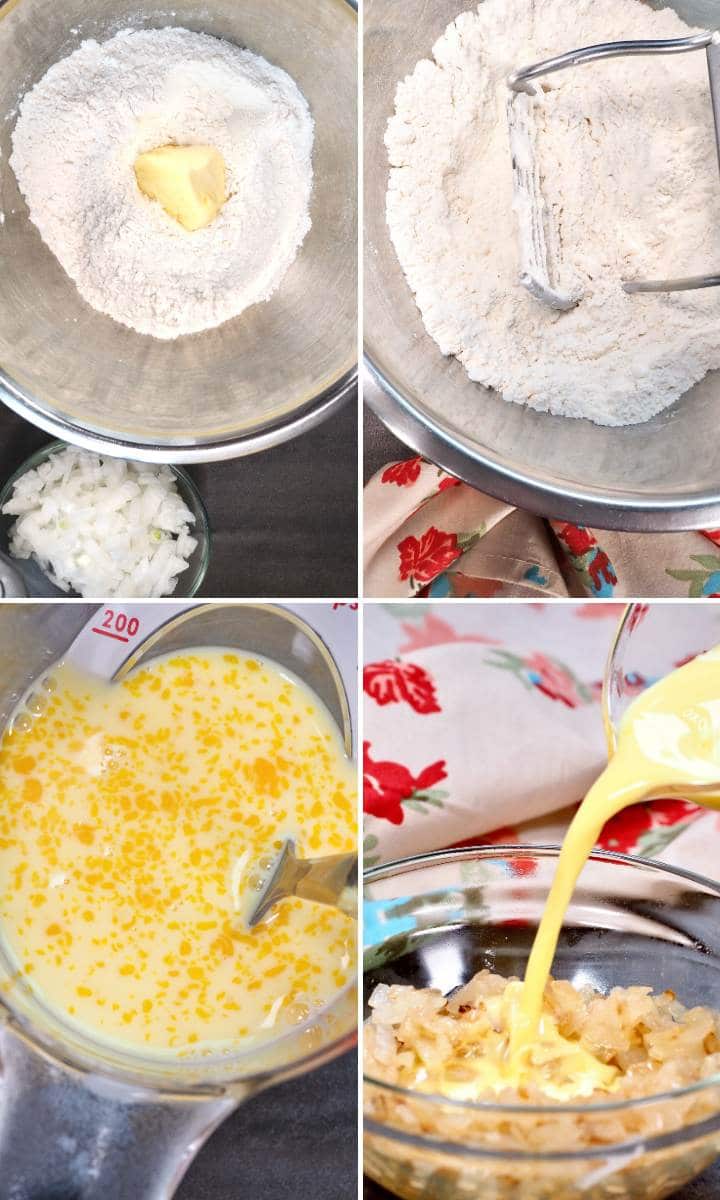 Collage of recipe steps to combine bread ingredients.