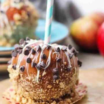 Caramel apple with chocolate chips.