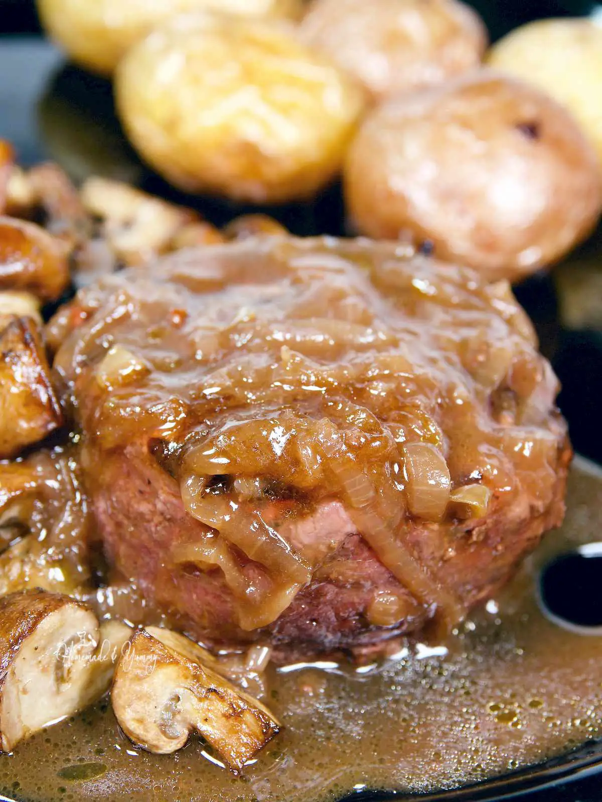 Homemade Onion Gravy on a steak.